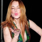  Lindsay Lohan air Kisses Way red Carpet Garish Plunging Peacock frock London Fundraiser