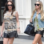  Tamara and Petra day Out in Patterned Sleeveless Blouse With Same Leather Shorts