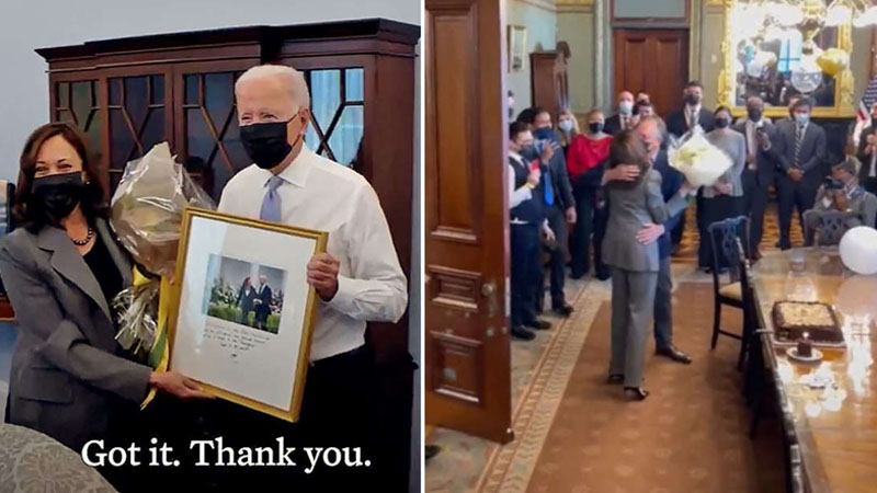  President Joe Biden surprised Vice-President Kamala Harris on her birthday with a photo frame and a bouquet