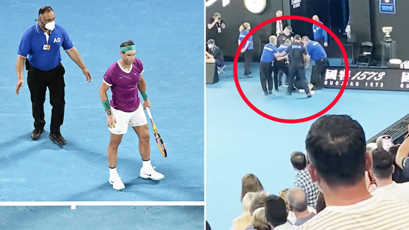  A protester jumps onto the court and disrupts the men’s Australian Open final
